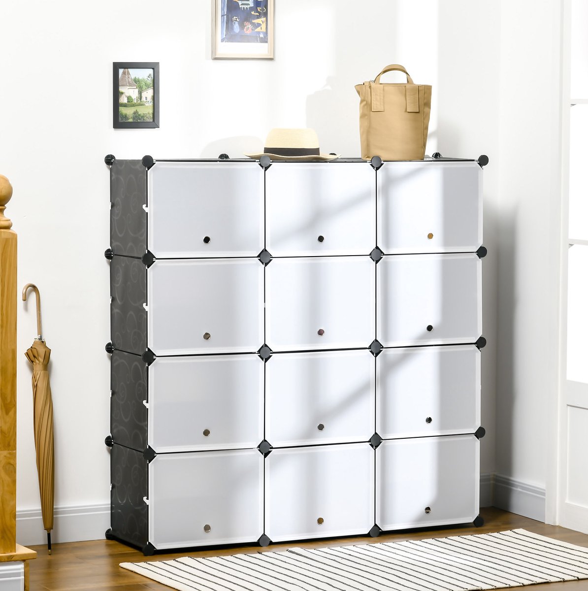 Schoenenkast – Modulair Met 12 Vakken – 125 x 32 x 125 cm – Kunststof – Zwart – 48 Paar Schoenen