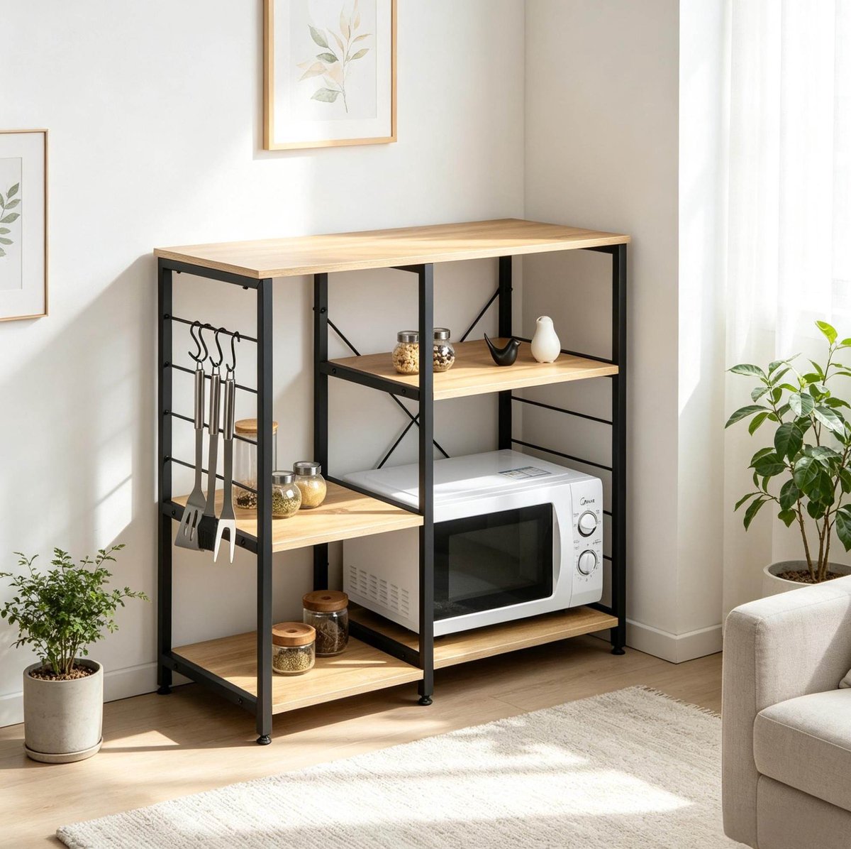Opbergrek – Vrijstaand – 90 x 40 x 83,5 cm – MDF En Staal – Licht Eiken – 5 Planken – Keuken