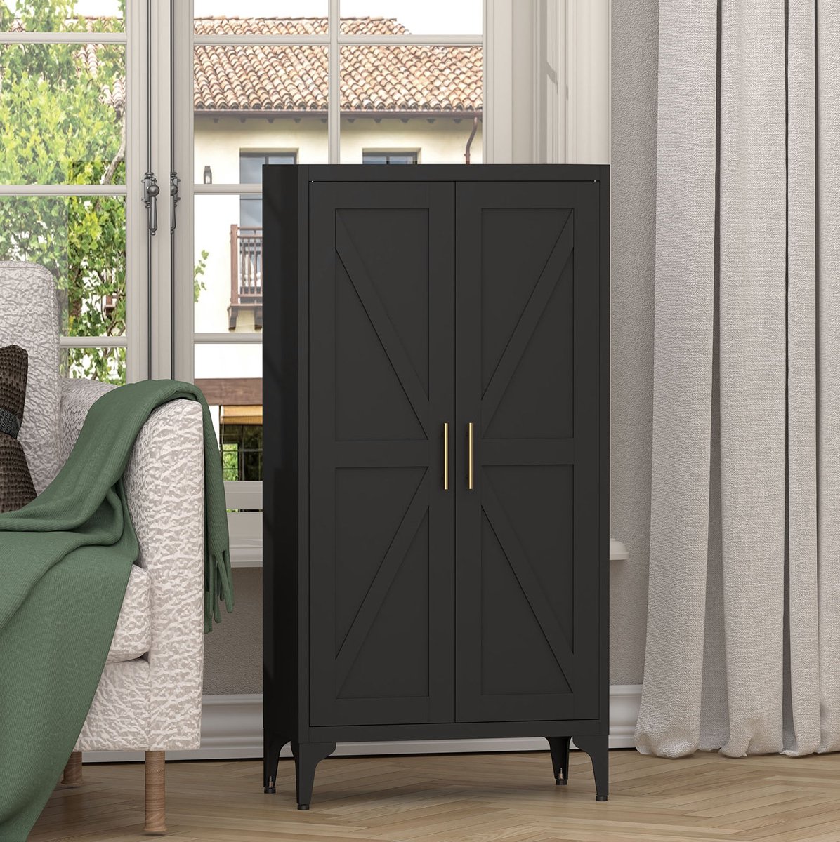 REDOM - Keukenkast - Metalen 2-deurs opbergkast - 3 verstelbare planken - Magnetische sluiting - Moderne stijl - Keuken en kantoor - Staal - Zwart - 60 x 30 x 120 cm