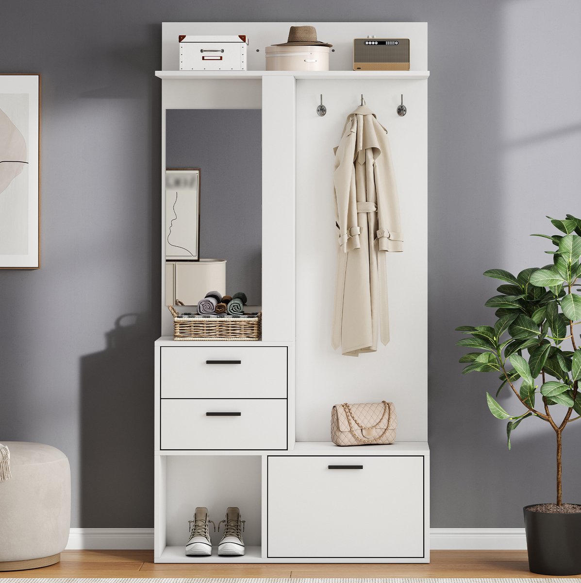 DESMIU Halmeubel Garderobekast Met Spiegel, 2 Lades, Uitklapbaar Schoenvak En 3 Haken Voor Hal En Slaapkamer, MDF, Wit, 90 x 30 x 180 cm