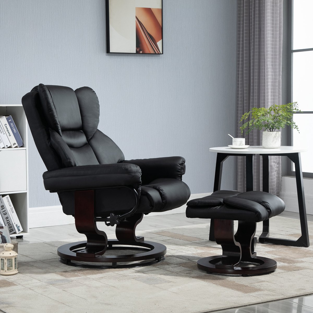 MODFU Relaxfauteuil Met Hocker - Draaibaar En Handmatig Verstelbaar - Kunstleer - Zwart