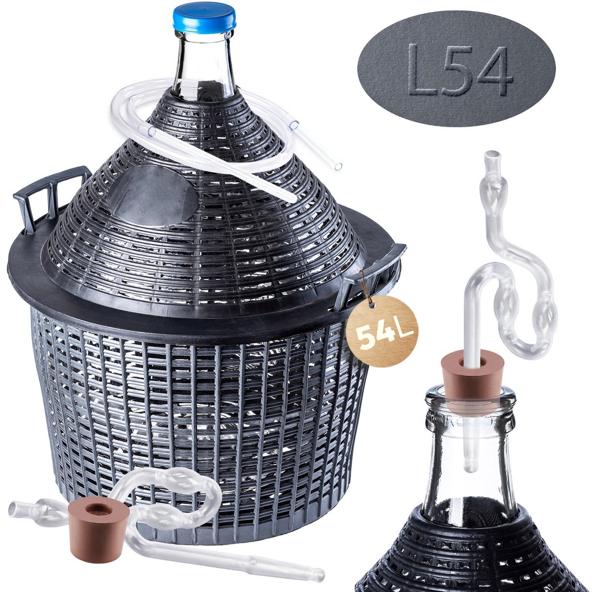KADAX Glazen ballonset, 54 liter, fermentatieballon met kunststof mand en fermentatie-accessoires, rubberen stop, fermentatiebuisje, smalle opening, wijnballon, fles, glazen fles (kunststof