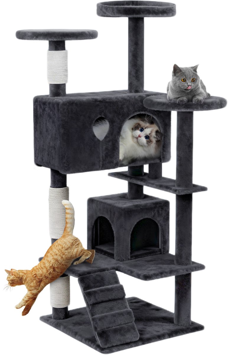 Aufun Kattenboom Krabpaal Kattenkrabpaal voor Katten, Klimboom met hangmat en speelopties kattenstal Speelhuis Krabpalen, 49x49x130cm, Donkergrijs