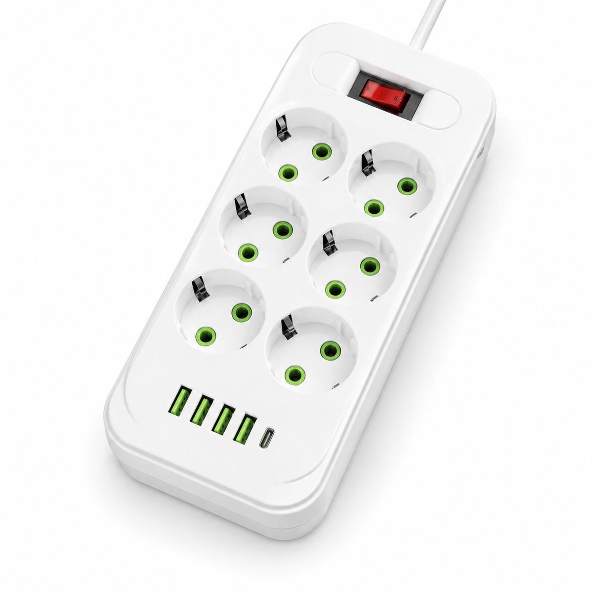 Slimme stekkerdoos met 6 EU-stopcontacten, 4 USB-poorten en 1 Type-C-poort, 2 meter verlengsnoer, 2500W overbelastingsbeveiliging, universeel laadstation voor thuis, kantoor en op reis (wit)