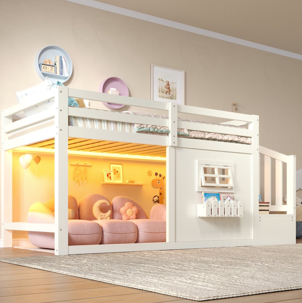 STILVORA Hoogslaper 90 x 200 cm – Met Opbergruimte, Trap, Raam En Ledverlichting – Voor Kinderen – Hout En Mdf – Zonder Matras – Wit