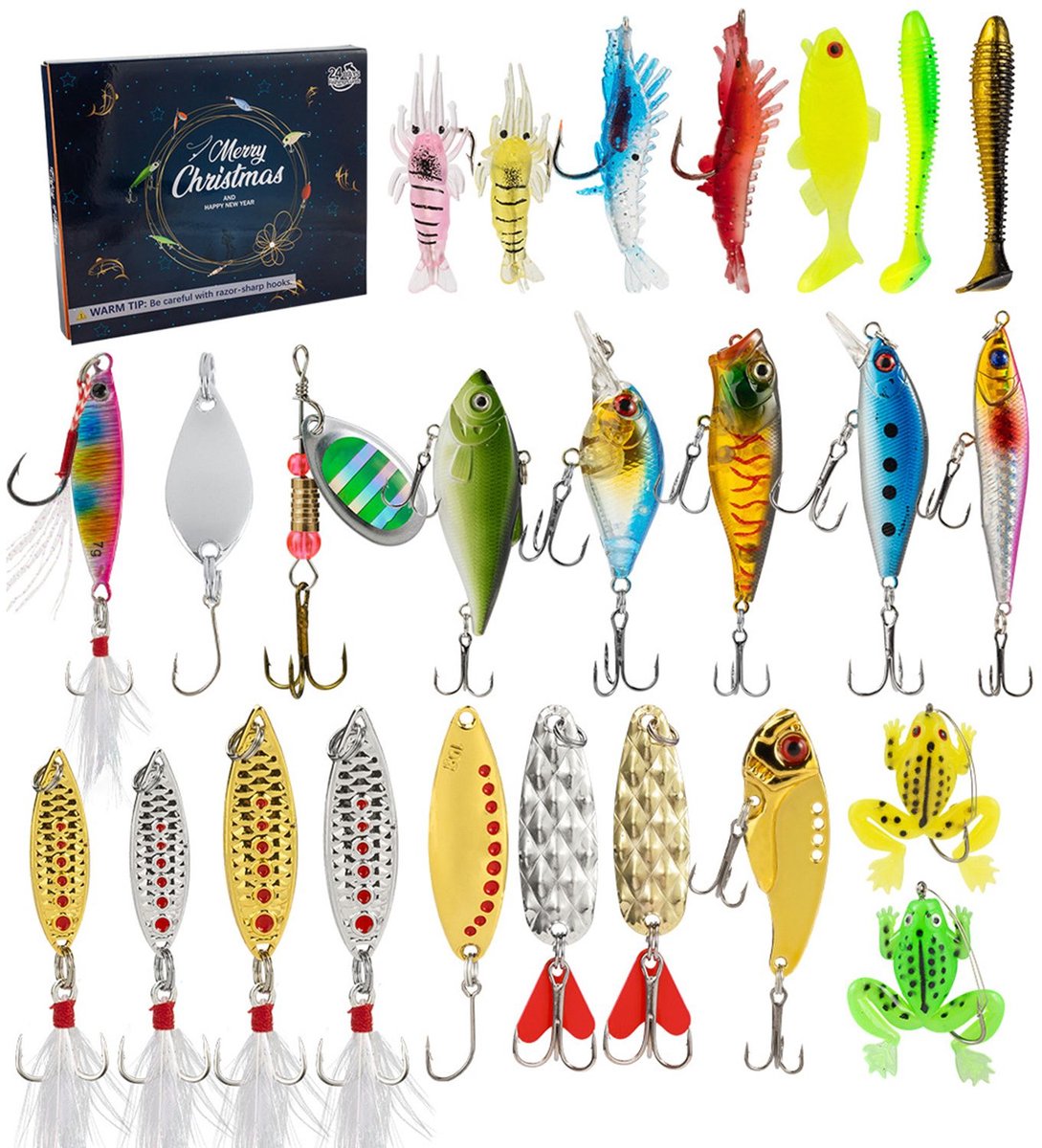 Kerst‑adventskalender 2026- 24‑delige kunstaas set voor vissen- divers assortiment met minnow- lepels en spinvislokken- feestcadeau voor vissersliefhebbers