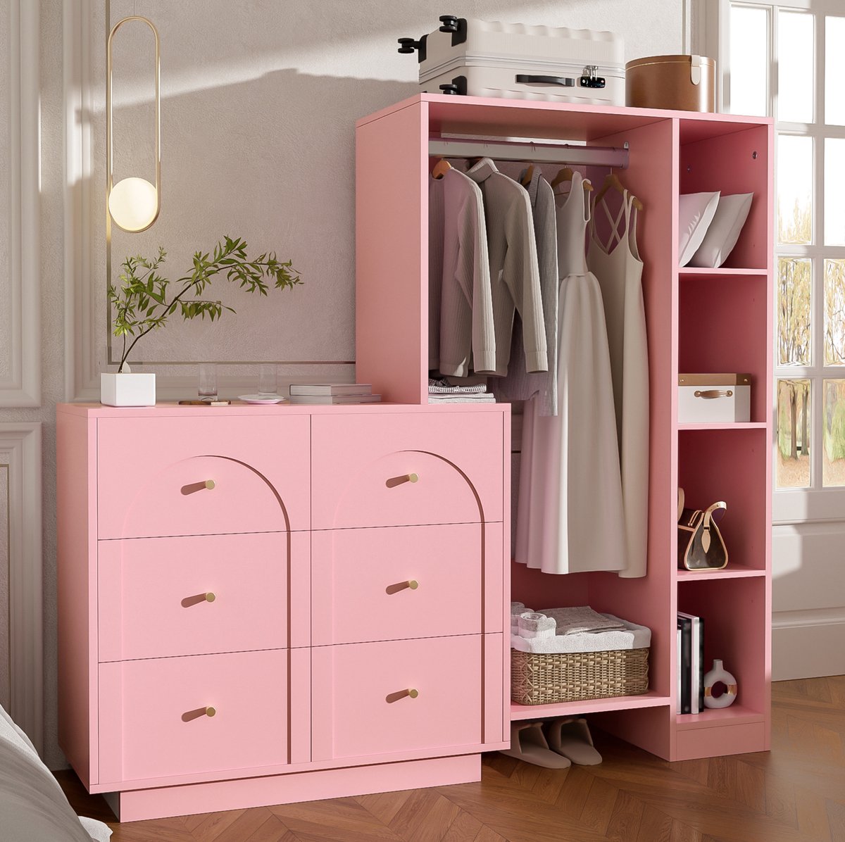 DESMIU Open Kledingkast - 6 Lades Met Kledingstang En Zijplanken - Voor Slaapkamer En Appartement - Spaanplaat En Metaal - 139x35x133 Cm - Roze