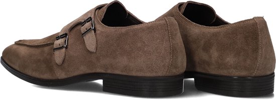 Bruine suède doubles gesp schoenen, achterkant zichtbaar.