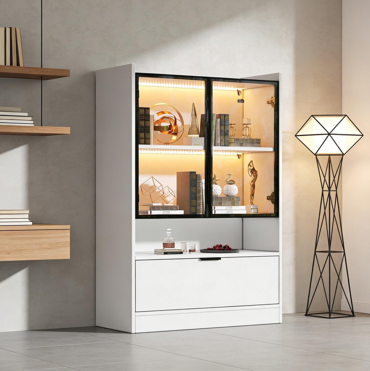DESMIU Vitrinekast - LED-Verlichting En Glazen Deuren - Voor Woonkamer En Eetkamer - Spaanplaat En Glas - 80x35x120 Cm - Wit