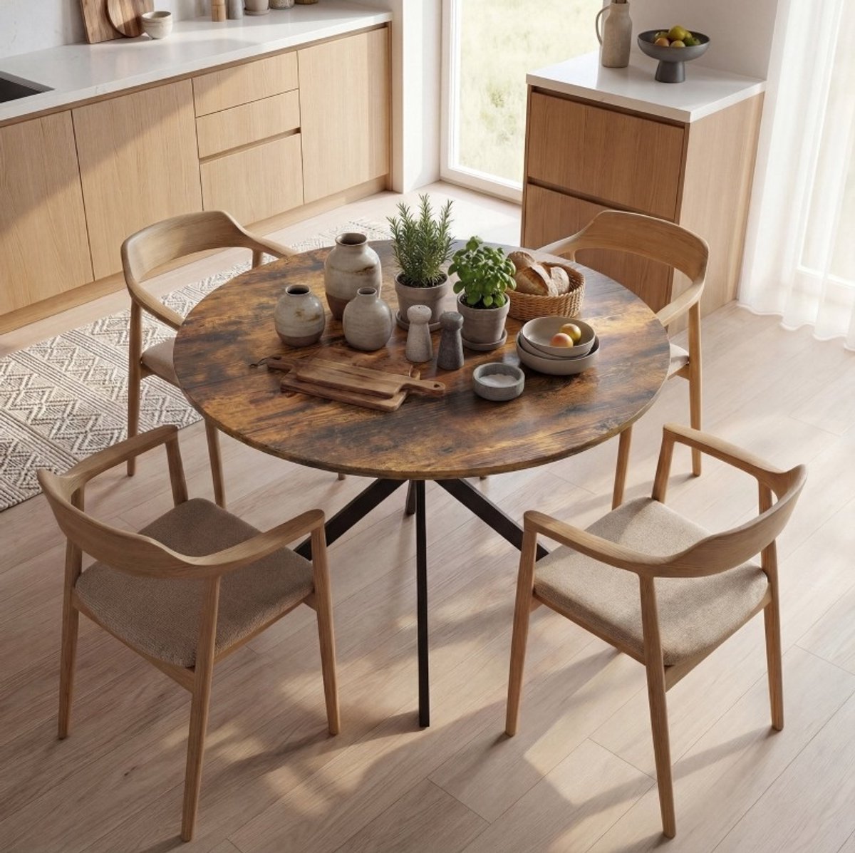 MIVRAY Ronde Eettafel Met X Vormige Stalen Poten Voor Vier Personen In Keuken En Eetkamer Houten Blad Rustiek Bruin 100 Cm