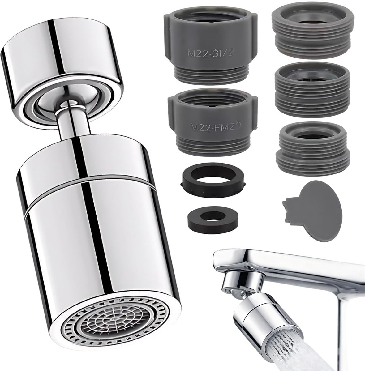 Kraanopzetstuk - 360° Draaibaar Kraanbeluchter met Dubbele Functie, 2 Straalstanden en Waterbespaarder - Voor Keuken en Badkamer - Met M22 of M24 Aansluiting