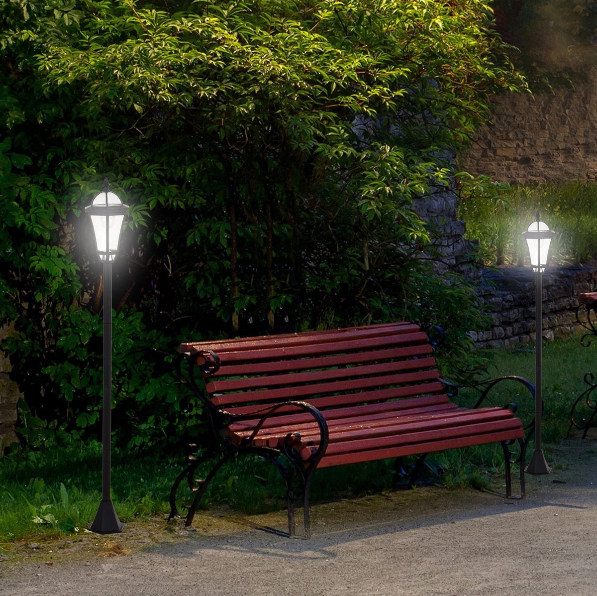 Solar Lantaarnpaal – 2 Stuks – 129 cm – ABS, RVS – Zwart – LED Buitenverlichting – IP44 – Tuinpad