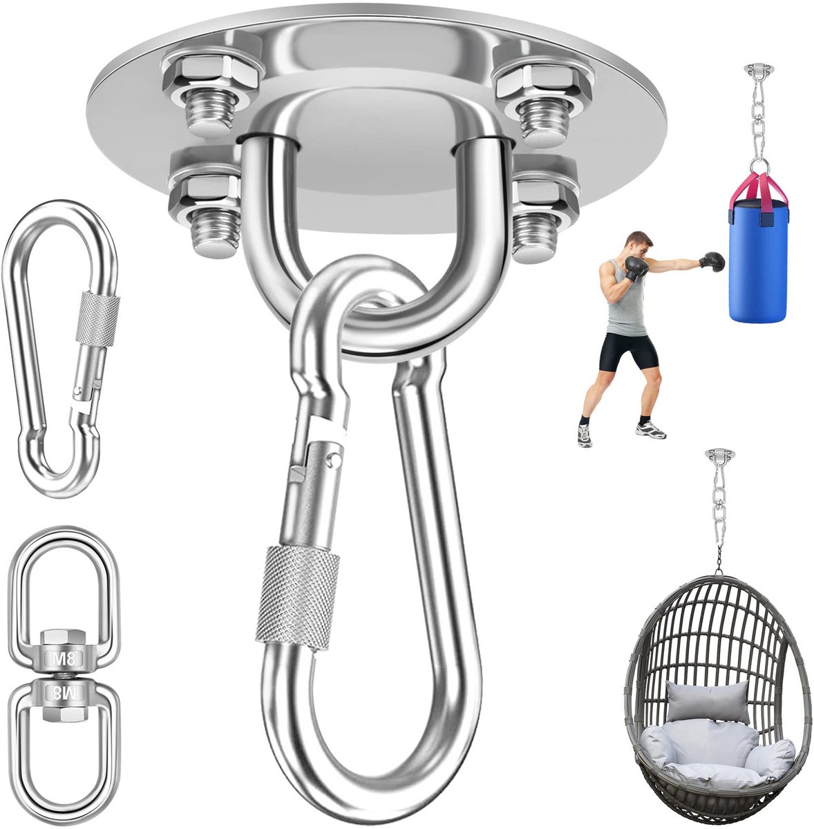 Plafondhaak Zware Belasting - RVS 360° Draaibaar met Karabijnhaak - 450 kg Capaciteit voor Hangstoel, Bokszak, Hangmat, Yoga