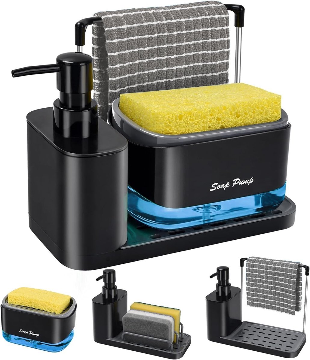 4-in-1 Afwasmiddel Dispenser Zwart, Keuken Zeepdispenser met Hoge Kwaliteit Spons Houder en Praktische Functies
