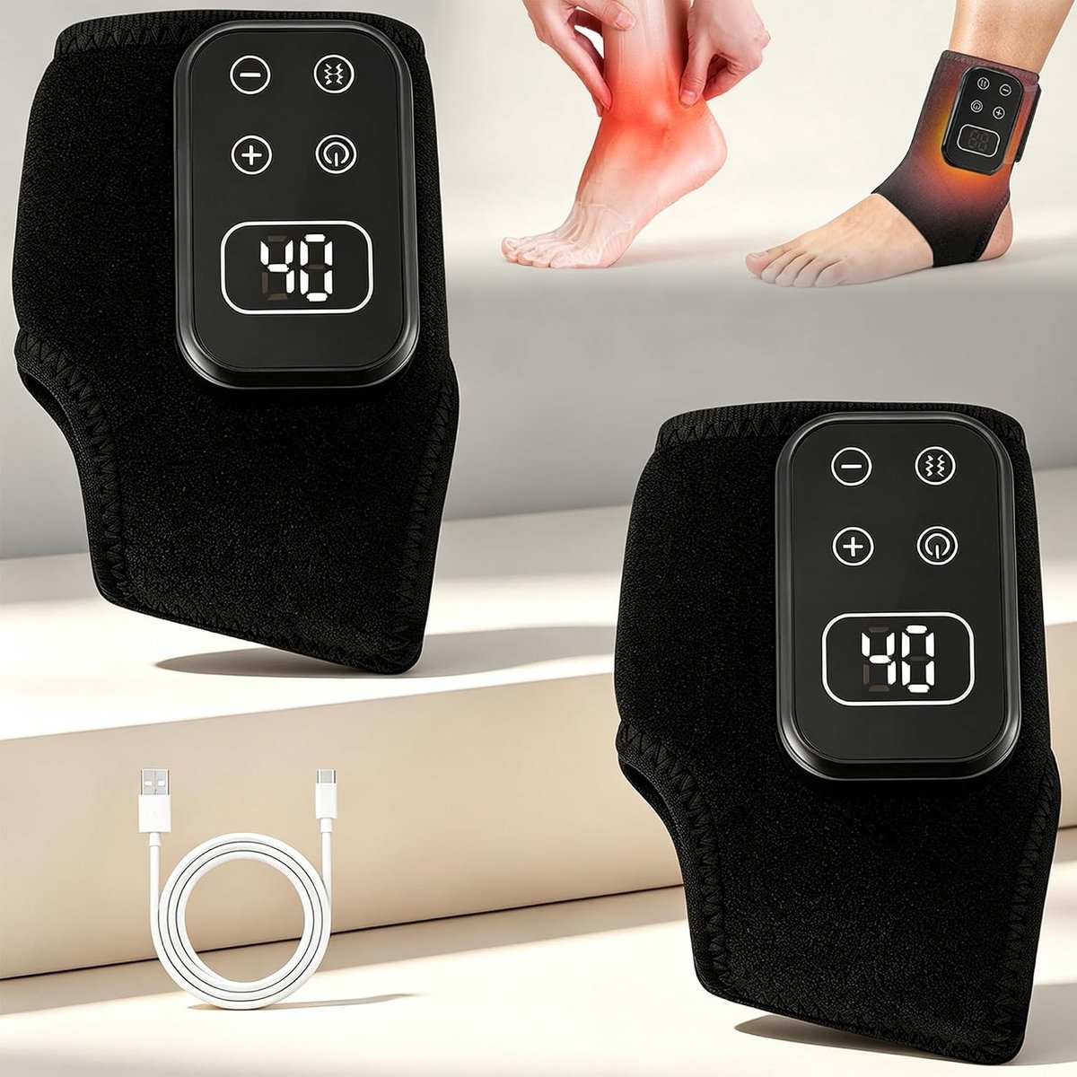 Draadloze Voetmassageapparaat 3-in-1 met Warmte, 5 Trillingen en 6 Warmte-instellingen voor Ontspanning van Voeten en Enkel, Oplaadbaar met Draagtas en 2 Stuks