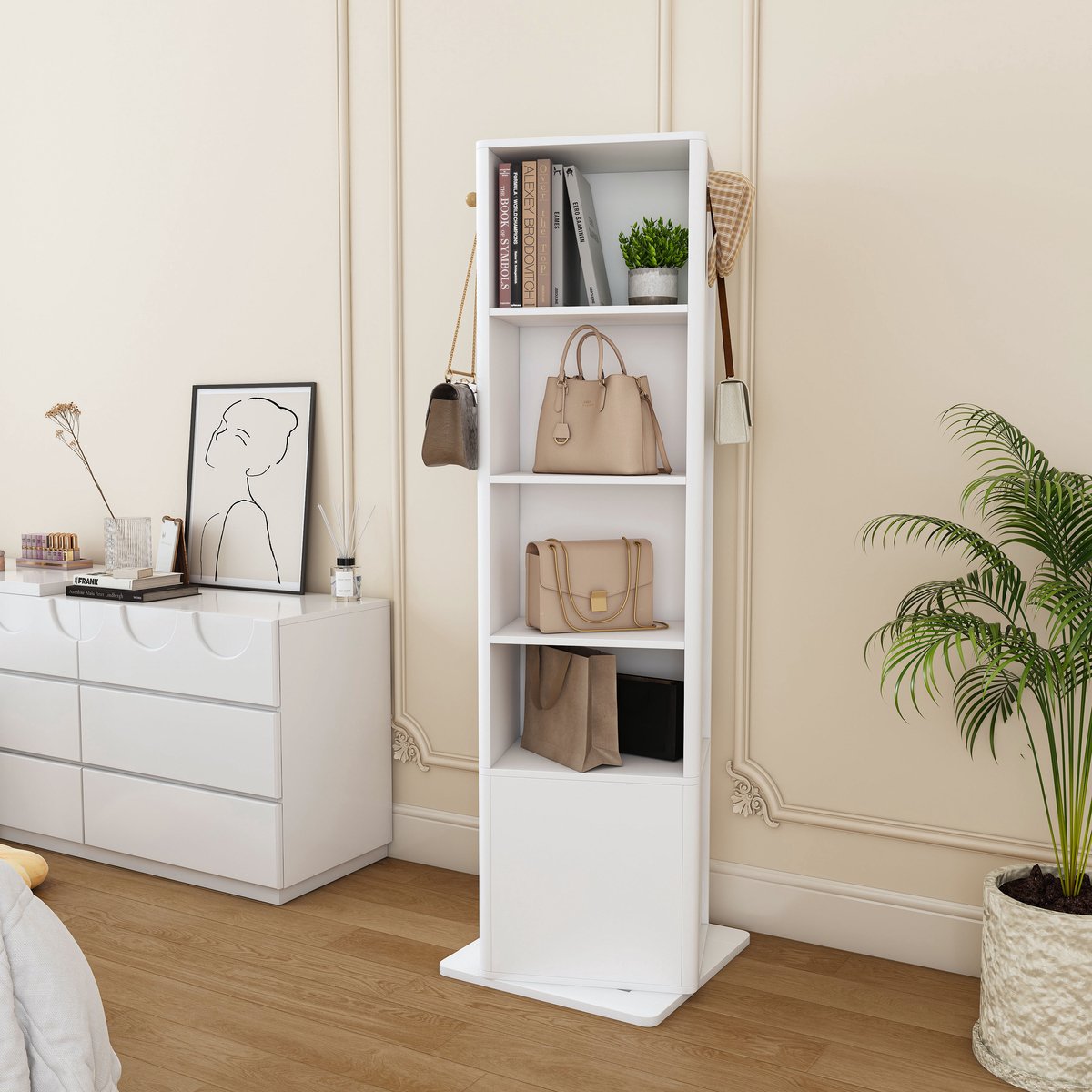 Juwelenkast – 360 Graden Draaibaar – 50 x 50 x 170 cm – MDF En Glas – Wit – Spiegel, Rek En Haken