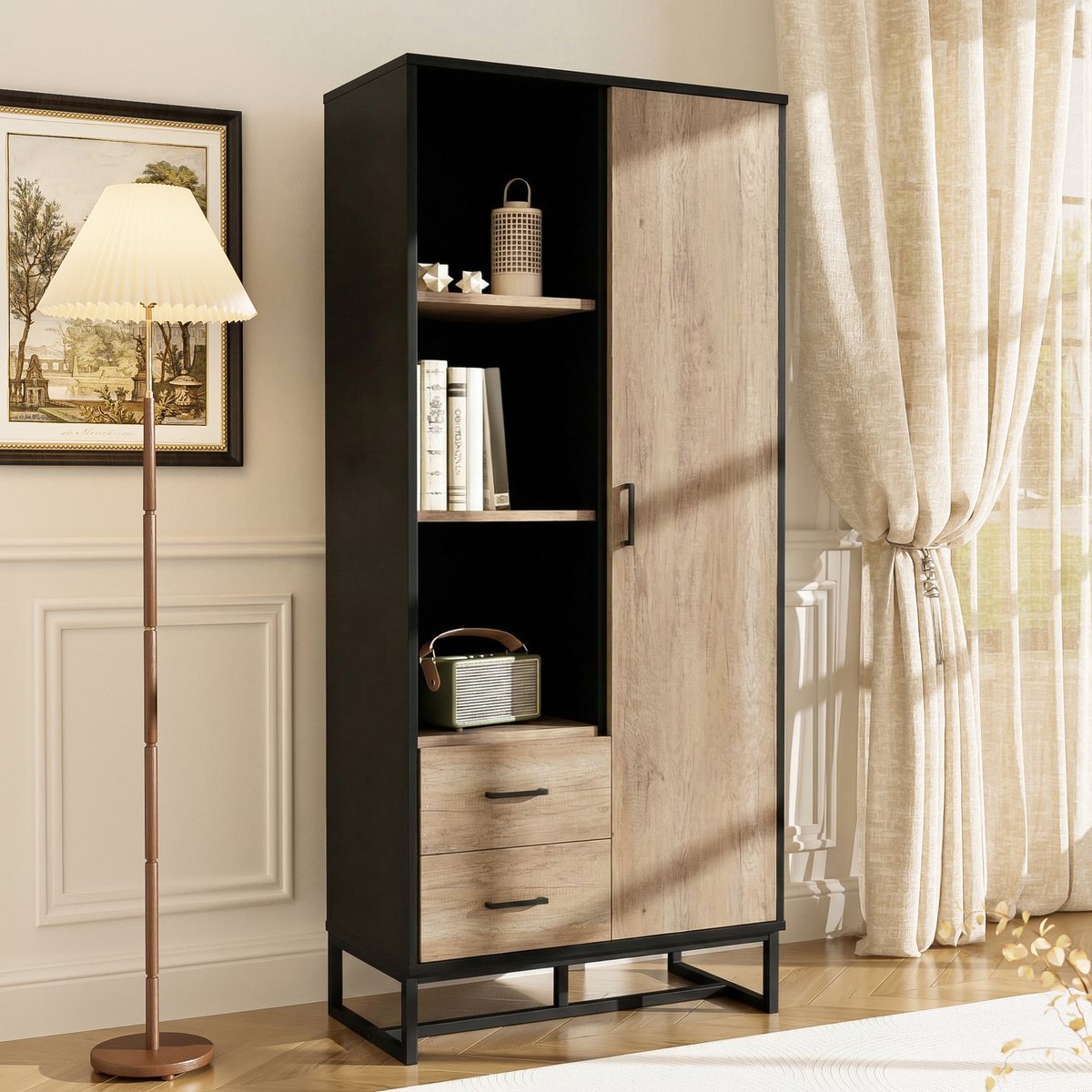 MODFU Opbergkast Met Deur, Lades En Open Vakken - Houtlook Zwart - 80x40x180 Cm