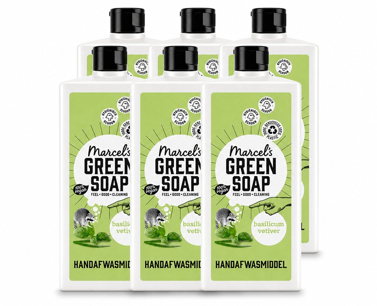 6 x Marcel's Green Soap - Afwasmiddel - Basilicum & Vetiver Gras - Plantaardig & duurzaam - 500 ml - Voordeelverpakking - 6 stuks