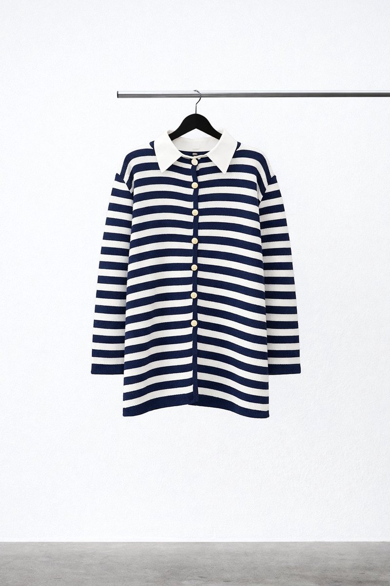 Touché Privé - Lang gestreept vest met gouden knopen - Marine - Dames