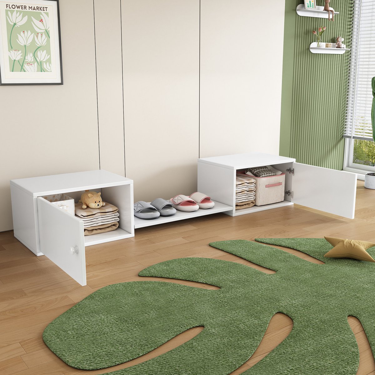 MODFU - Schoenenkast - Dubbele Deuren - Schoenenbank - Hout En MDF - Wit - 189 X 40 X 34,5 Cm