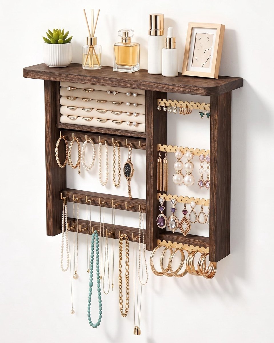 Elzusha - Houten Muur Sieraden Organizer in Donkerbruin