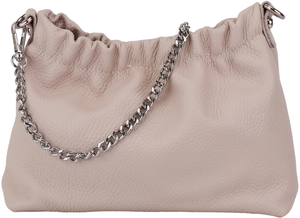 Elzusha - Schoudertas van Echt Leer - Nude Kleur met Zilveren Ketting