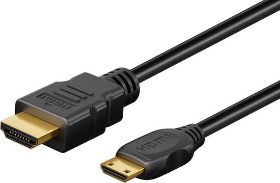 Câble HDMI noir avec connecteurs dorés. Une extrémité est un connecteur HDMI standard, l'autre est un connecteur mini-HDMI.