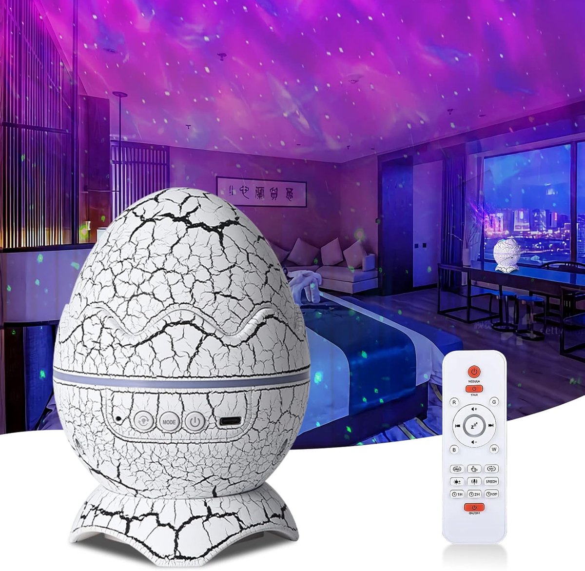 Dinosaurus Egg Galaxy Sterrenhemel Projector met Draadloze Muziek Speler, Mist, Witte Geluid, Timer& Afstandsbediening, Gift voor Kinderen/Volwassenen Slaapkamer
