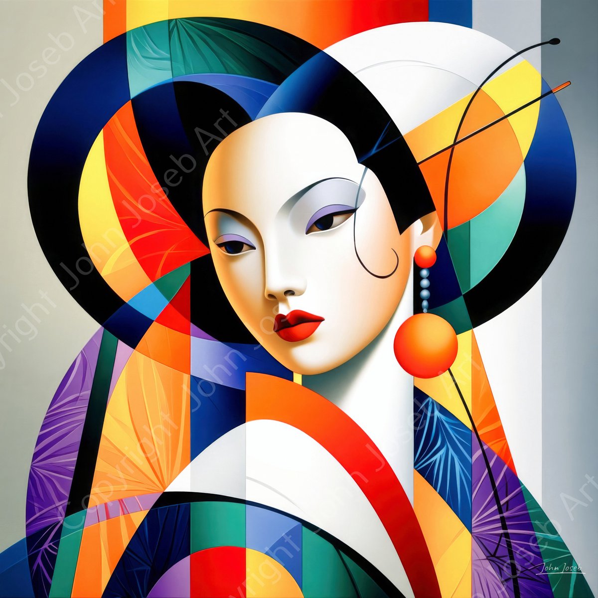 John Joseb Art (Glas) 100x100 | Vrouw, Geisha, abstract kubisme, Picasso stijl, Japan, kleurrijk, portret, kunst, vierkant, oranje, blauw, paars, geel, grijs, modern | Foto-schilderij-glasschilderij-acrylglas-acrylaat-wanddecoratie