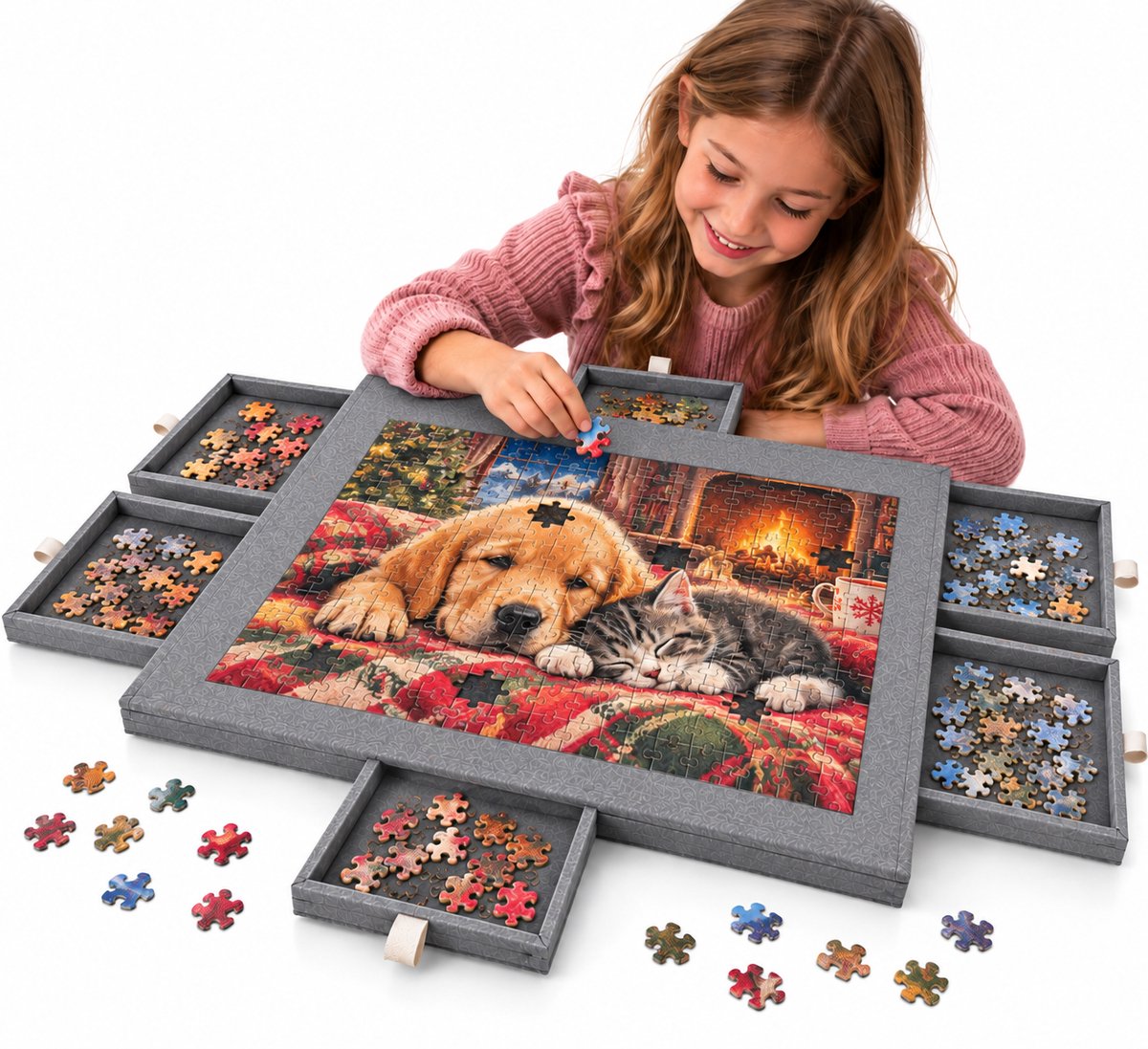 Currero Puzzeltafel Met Lades 1000 Stukjes - Puzzelbord - Puzzelmat - Opbergsysteem - Vilt - Met Deksel - Legpuzzel Accessoires - 1000 Pcs Grijs