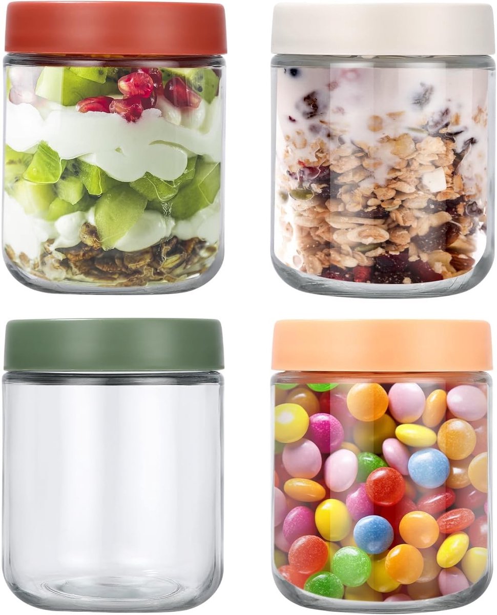 500 ml Oat Glascontainers met Glasdeksel, Herbruikbaar voor Yoghurt, Pudding, Salade en Honing, Set van 4, Duurzaam en Milieuvriendelijk