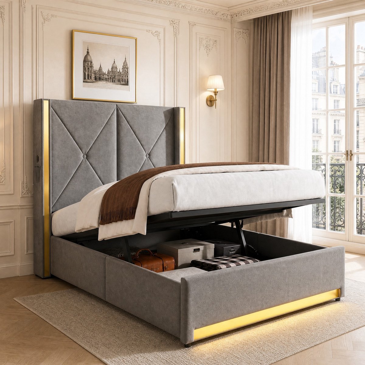 COVREO Bed met hoofdbord – 100x213x141cm – Slaapframe met USB en LED – Opbergbed met hydrauliek – Donkergrijs - zonder matras