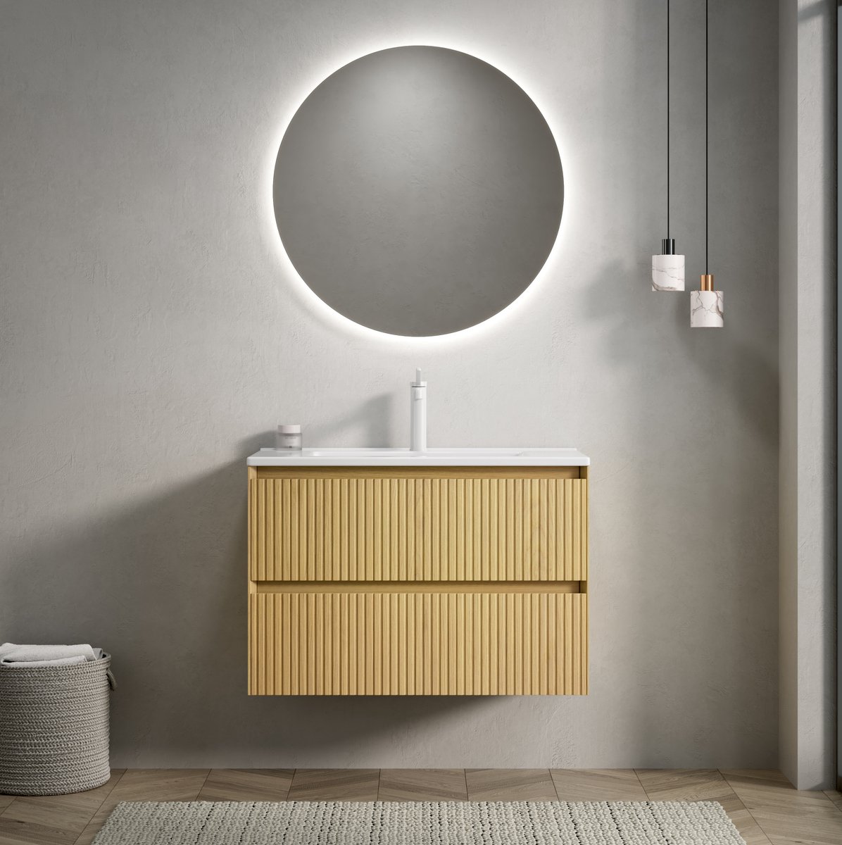 DESMIU Badkamermeubel - Wandmontage Met Keramische Wastafel En 2 Lades - Voor Badkamer - Multiplex - 75 x 39 x 50 Cm - Gouden Eiken