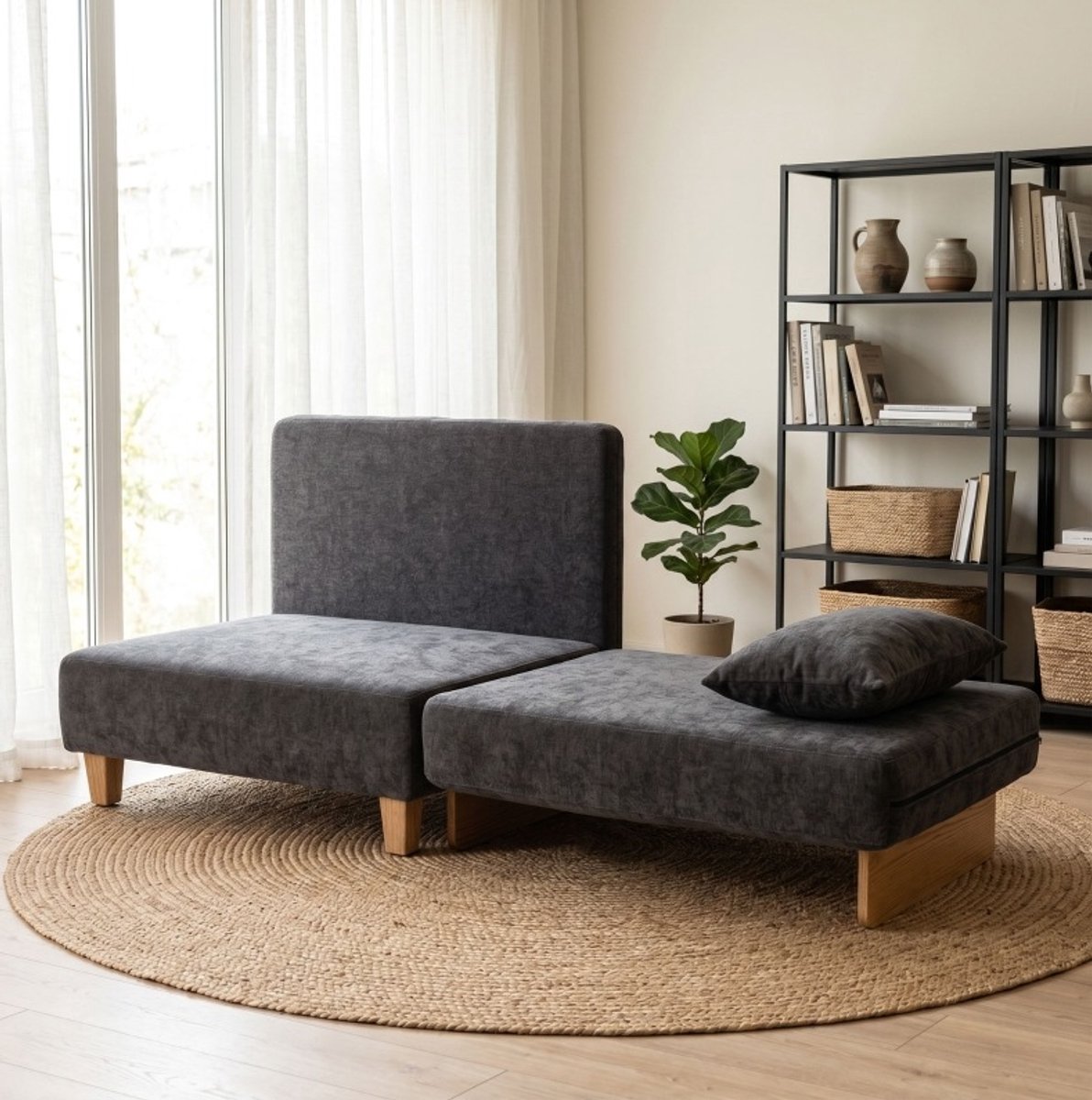 REDOM - Slaapfauteuil - 2-in-1 met bedfunctie - Handmatig inklapbaar - 2 wasbare kussens en zijvakken - Scandinavische stijl - Woonkamer - Polyester - Donkergrijs - 94 x 63 x 89 cm