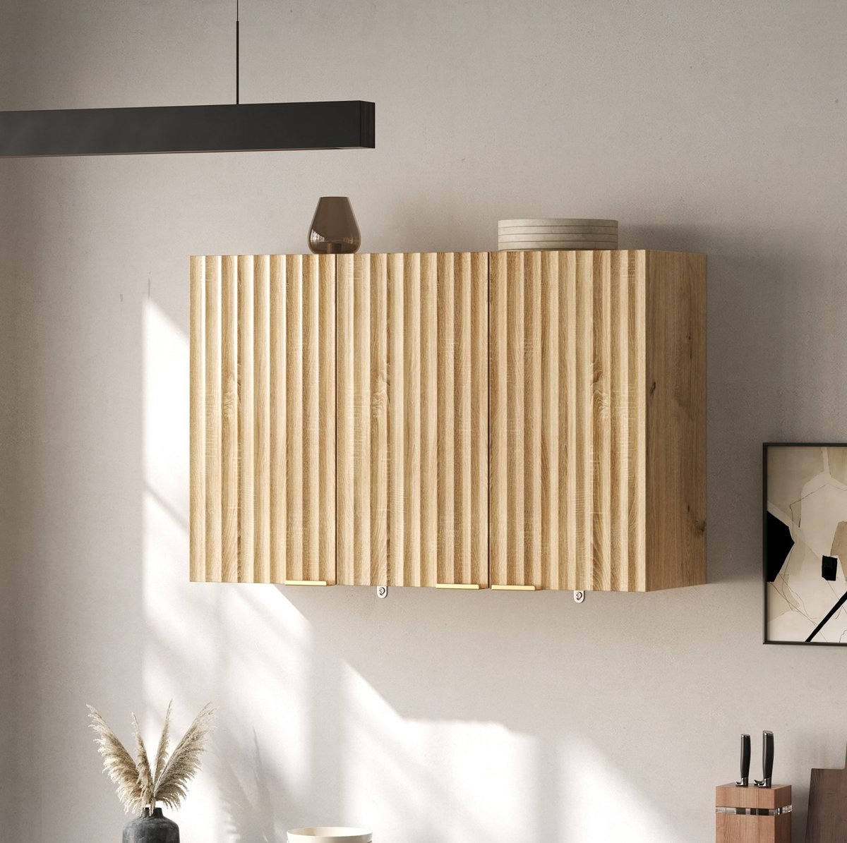 REDOM - Keukenkast - Wandmontage - 3 deuren met gesloten opbergruimte - Verticale lameldeuren - MDF - Natuurlijk - 90 x 29 x 60 cm