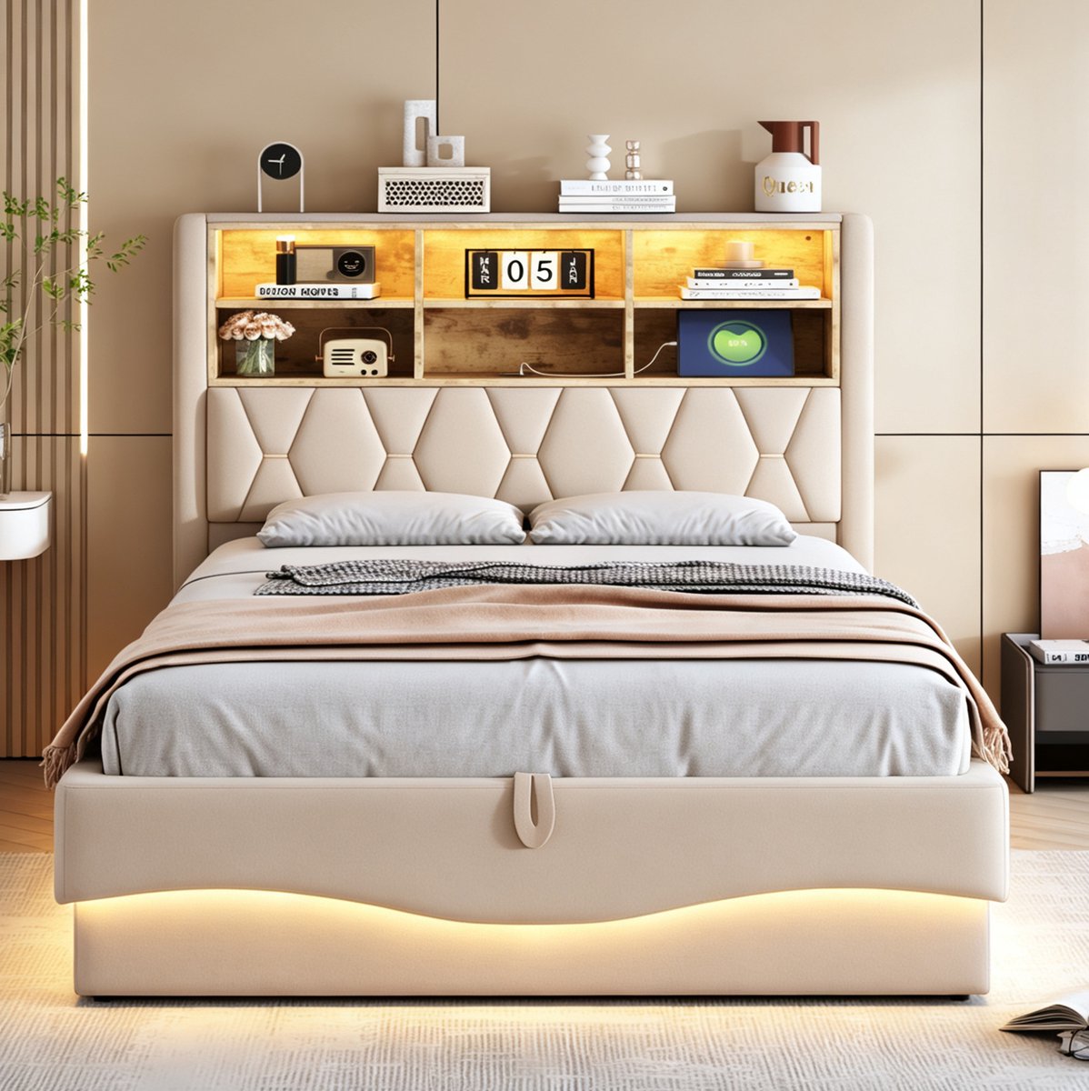 REDOM - Gestoffeerd bed - Hydraulische opbergruimte - Metalen lattenbodem - LED verlichting en USB oplaadpoort - Stof en metaal - Beige - 140 x 200 cm