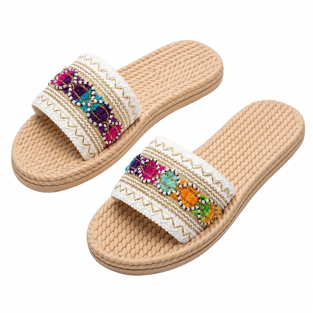 Witte dames slippers instap sandalen platte slippers open teen antislip dikke zool bohemian geborduurde band casual zomer slippers maat 37