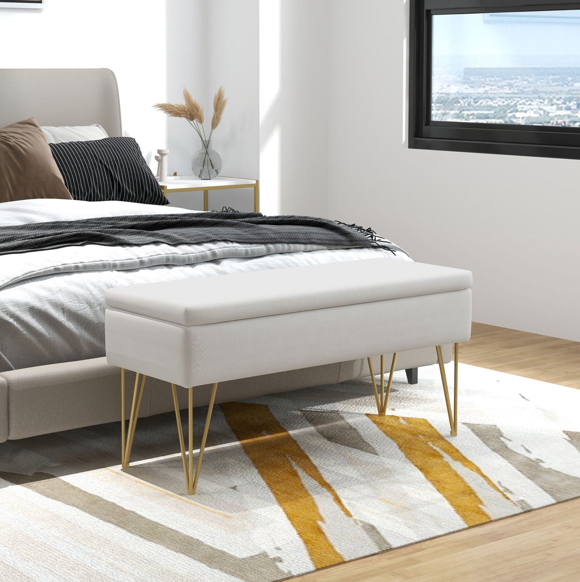 MODFU - Bedbank Met Opbergruimte - Linnenlook - Goudkleurige Poten - Crème - 100 X 40 X 49 Cm