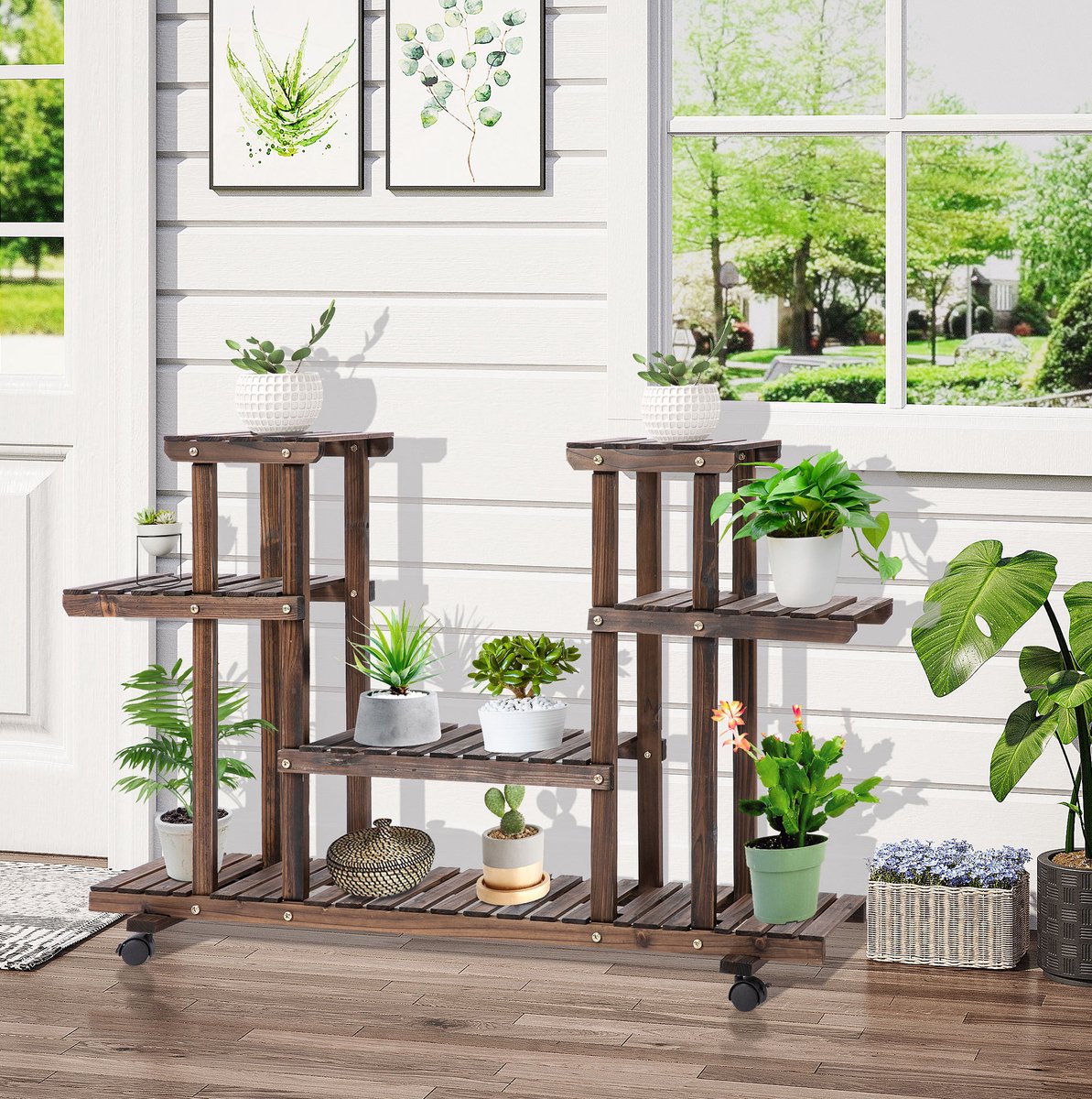 MODFU - Plantenrek Met 6 Planken En Wielen - Voor Binnen En Buiten - Hout - Donkerbruin