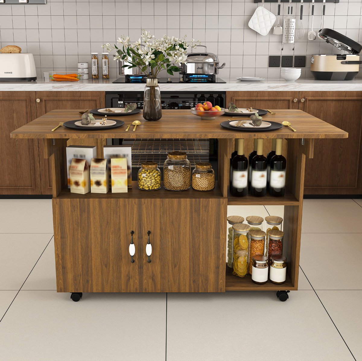 REDOM - Rechthoekige eettafel - Klapbaar en mobiel - Dubbelzijdige klapbladen - 5 opbergvakken en 5 wielen - Moderne stijl - Keuken en kantoor - MDF - Walnootkleur - 110 x 70 x 80 cm