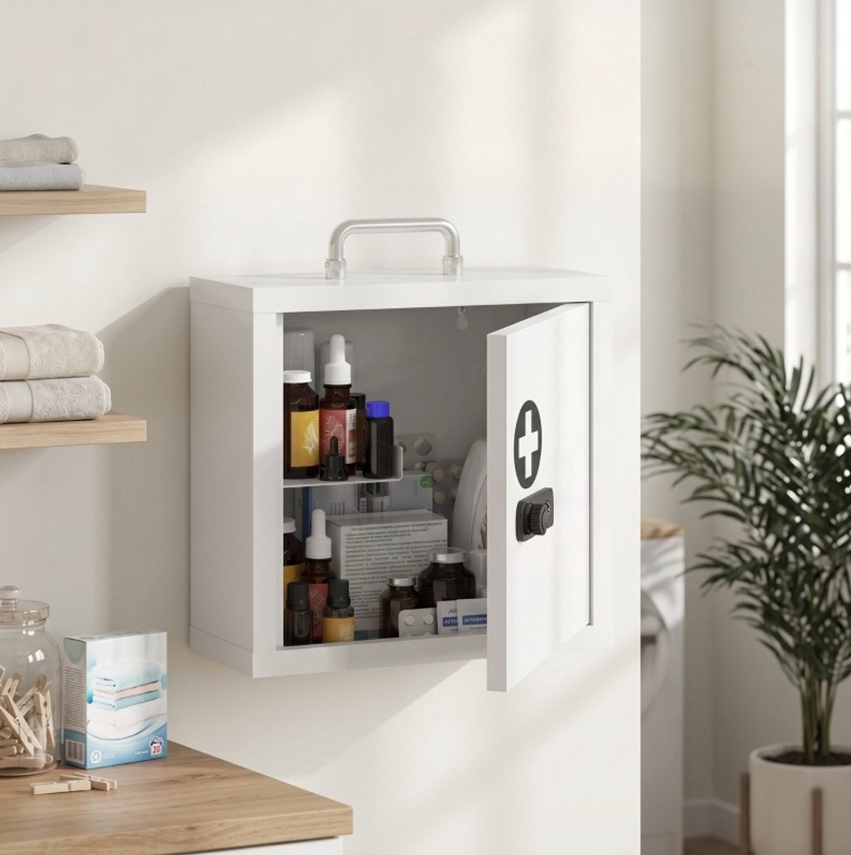 REDOM - Medicijnkast - Wandmontage - Combinatieslot - Dubbele etage - Roestvrij staal - Poedercoating - Met draaggreep - Wit - 30 x 14 x 30 cm