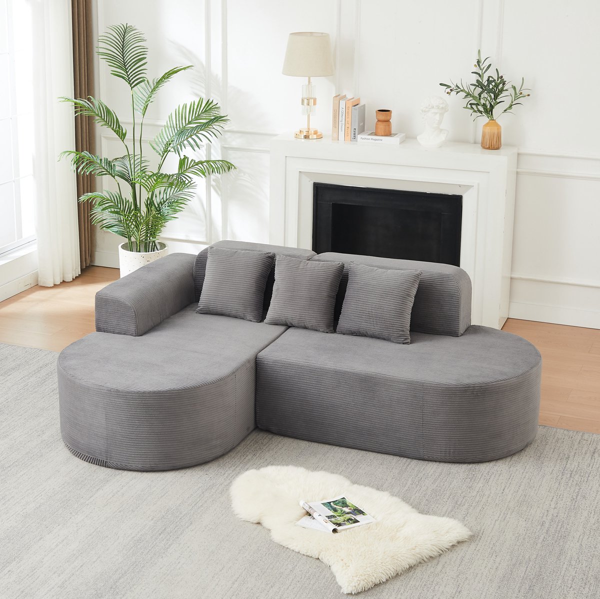 REDOM - Hoekbank - L-vormig modulair ontwerp - Gebogen armleuningen en rugleuning - 3 kussens - Modern - Woonkamer - Corduroy - Grijs - 220 x 155 x 70 cm