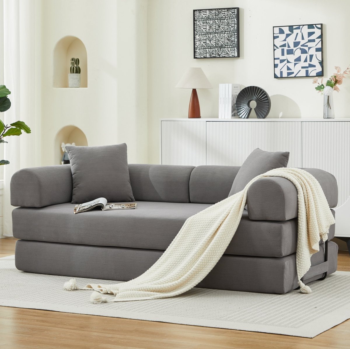 REDOM - Slaapbank - Uitklapbaar - Corduroy bekleding - 2 kussens - Zonder montage - Woonkamer - Grijs - 200 x 90 x 75 cm