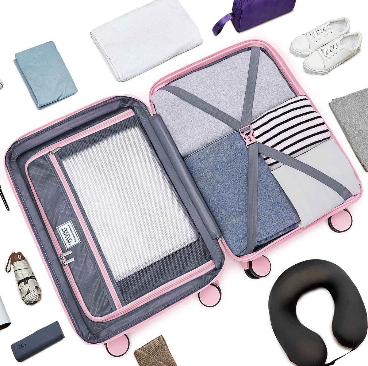 REDOM - Kofferset - 3-delige set - Hardcase - Uitbreidbaar - 8 wielen - Digitaal cijferslot - Handbagage - Polypropyleen - Roze - 37 x 24 x 57 cm