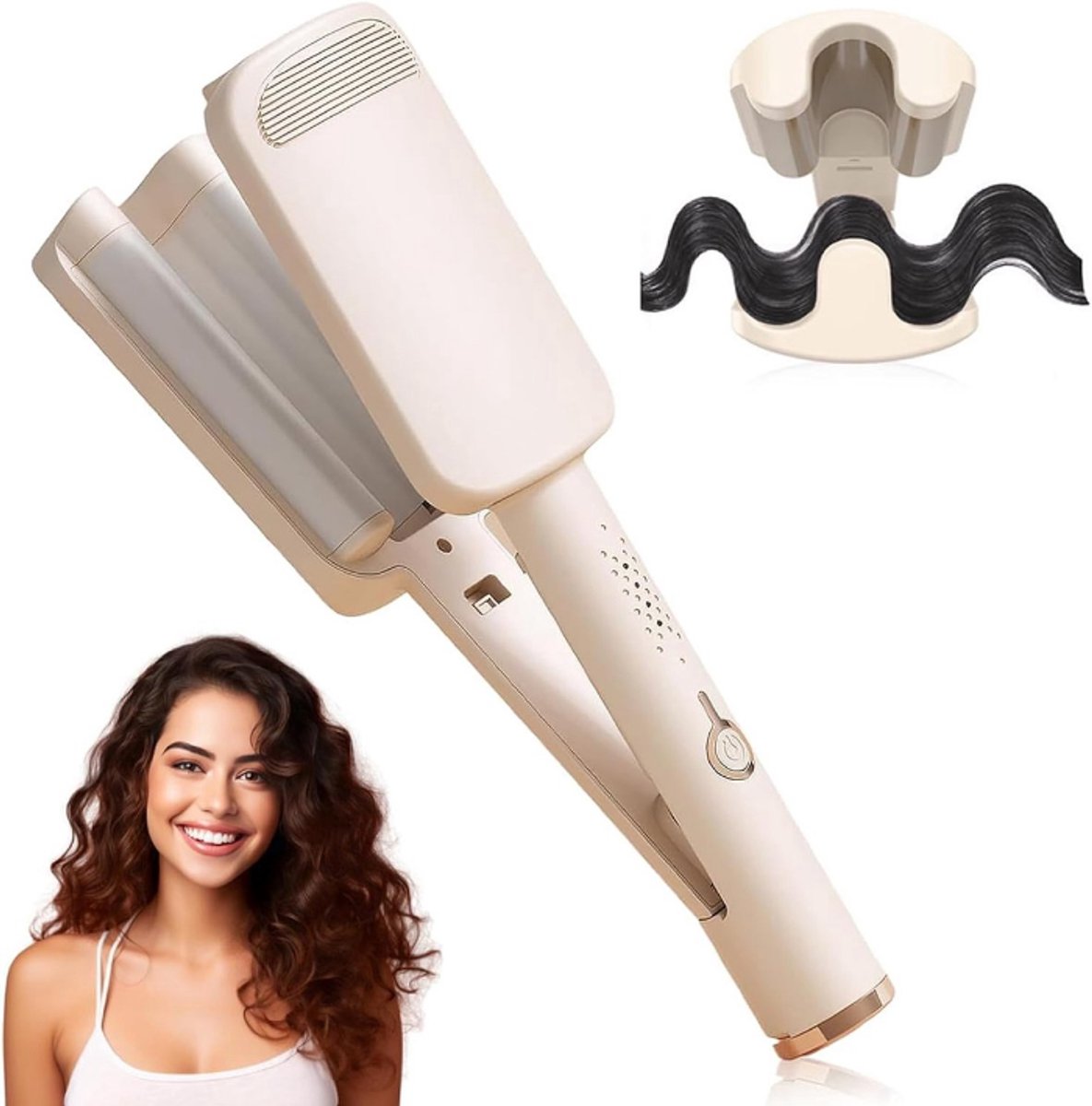 Professionele 32 mm Deep Waves Krultang, 3 Barrels Beach Wave Krultang met Verstelbare Temperatuur 160°C‑220°C, 4 Warmtestanden voor Frizz‑Free Golven, Geschikt voor Lang en Kort Haar, Wit