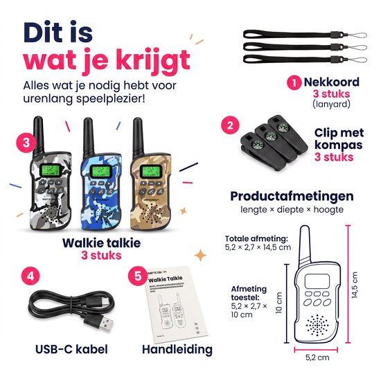 Set van drie walkie talkies (grijs, blauw, bruin camouflage) met accessoires: nekkoorden, clips en USB-C kabel.