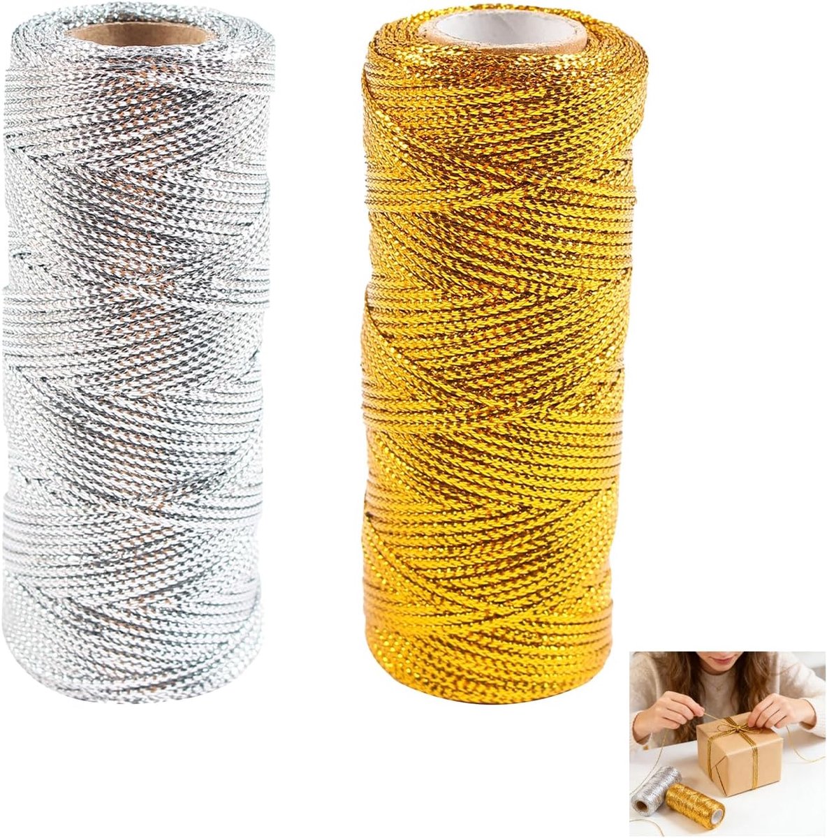 100 m gouden en zilveren koord, glittergaren, polyester, zilverdraad, garen om te knutselen, 1,5 mm, knutselkoord, dun glitterkoord, wikkelkoord voor geschenkverpakking, handtassen, hoed, mand