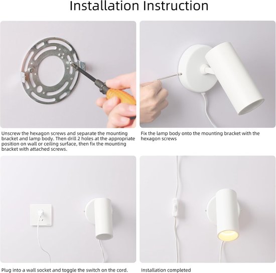 LED-wandlamp voor binnen met stekker en schakelaar, 350° draaibaar, dimbaar, leeslamp, moderne wandlamp van aluminium voor kantoor, woonkamer en slaapkamer (wit, 1 stuk) — afbeelding 5