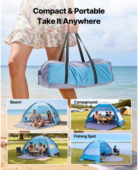 Strandtent/Zonnescherm voor 4 Personen, UPF 50+ Bescherming, Draagbare Tent met Draagtas en Grondankers, Lichtgewicht Parasol voor Kamperen, Vissen en Picknicken — afbeelding 3