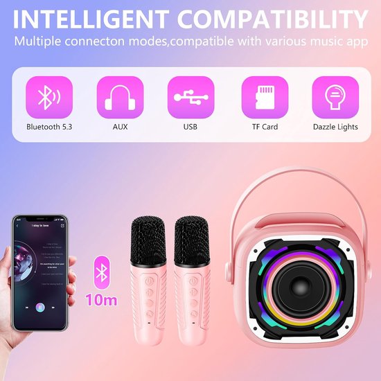 Mini Kinder Karaoke Machines met 2 Microfoons, Draadloze Draagbare Bluetooth Luidspreker met Telefoonsteun/Dynamisch Licht/Stemverander Effecten, Roze van MINI — afbeelding 3